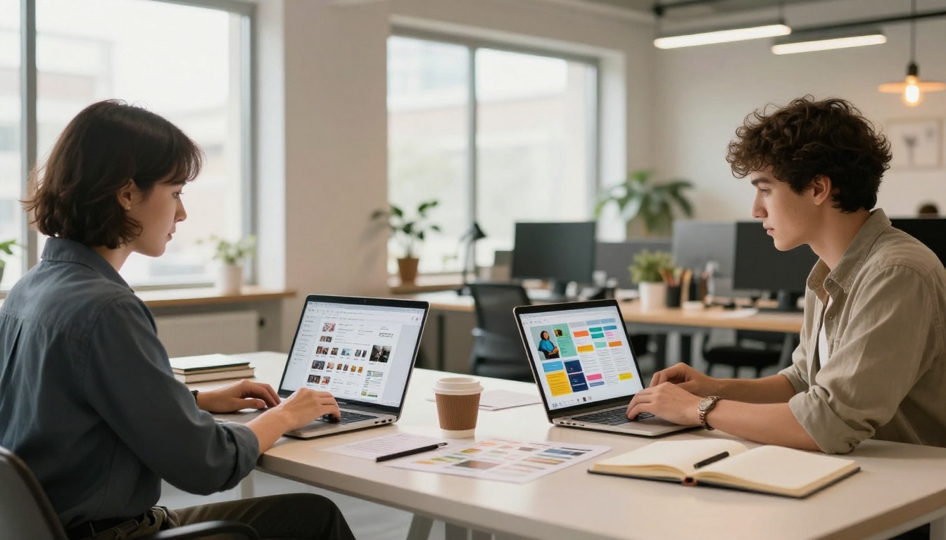 Two professionals working side by side on PowerPoint and flipbook
