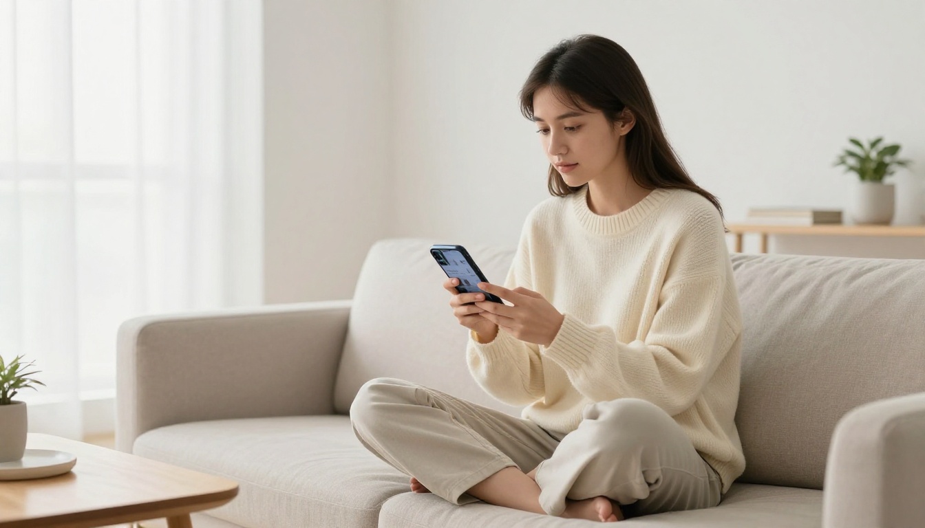 Young woman browsing a product catalog on her smartphone in a modern Scandinavian living room Young woman browsing a product catalog on her smartphone in a modern Scandinavian living room