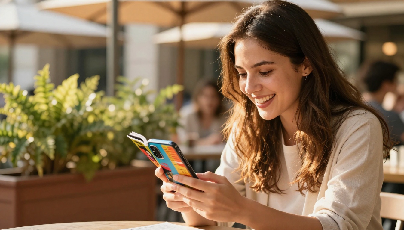 Young professional woman sharing a colorful digital magazine on her smartphone with a friend at a sunny outdoor cafe