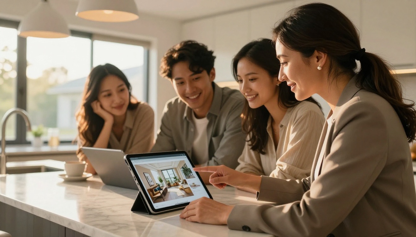 Real estate agent showing property flipbook to couple