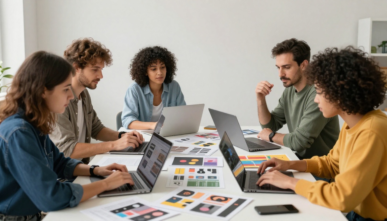 Creative team reviewing interactive digital publication mockups and open laptops across a bright modern studio table