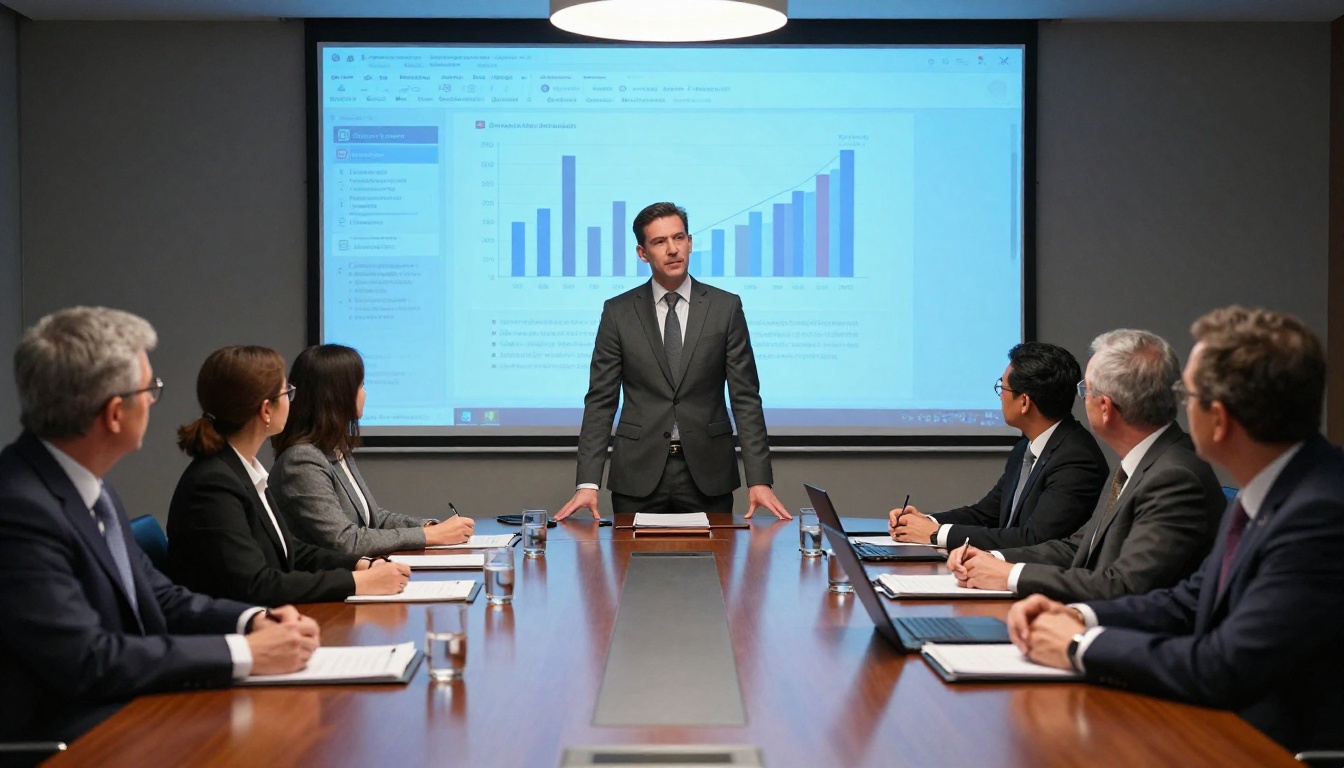 Executive presenting PowerPoint in corporate boardroom