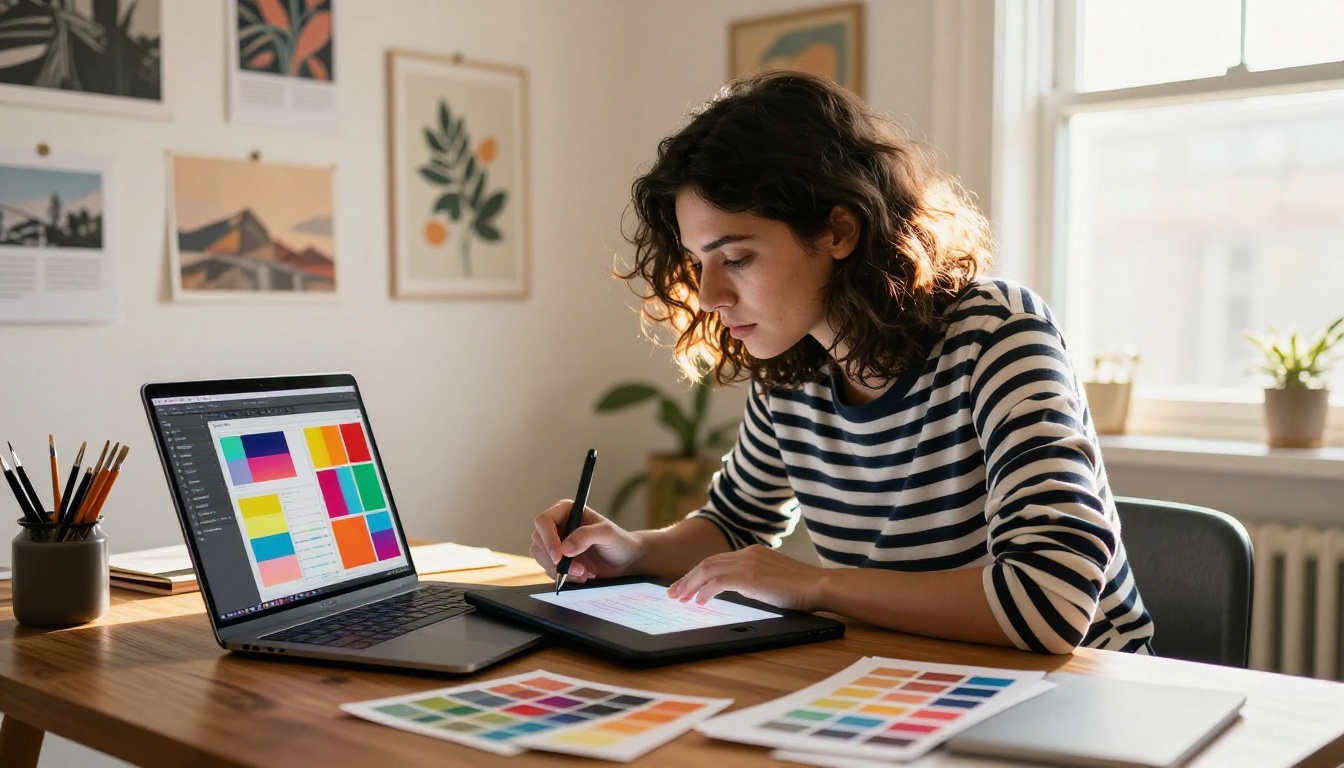 Designer customizing flipbook branding on MacBook in creative studio