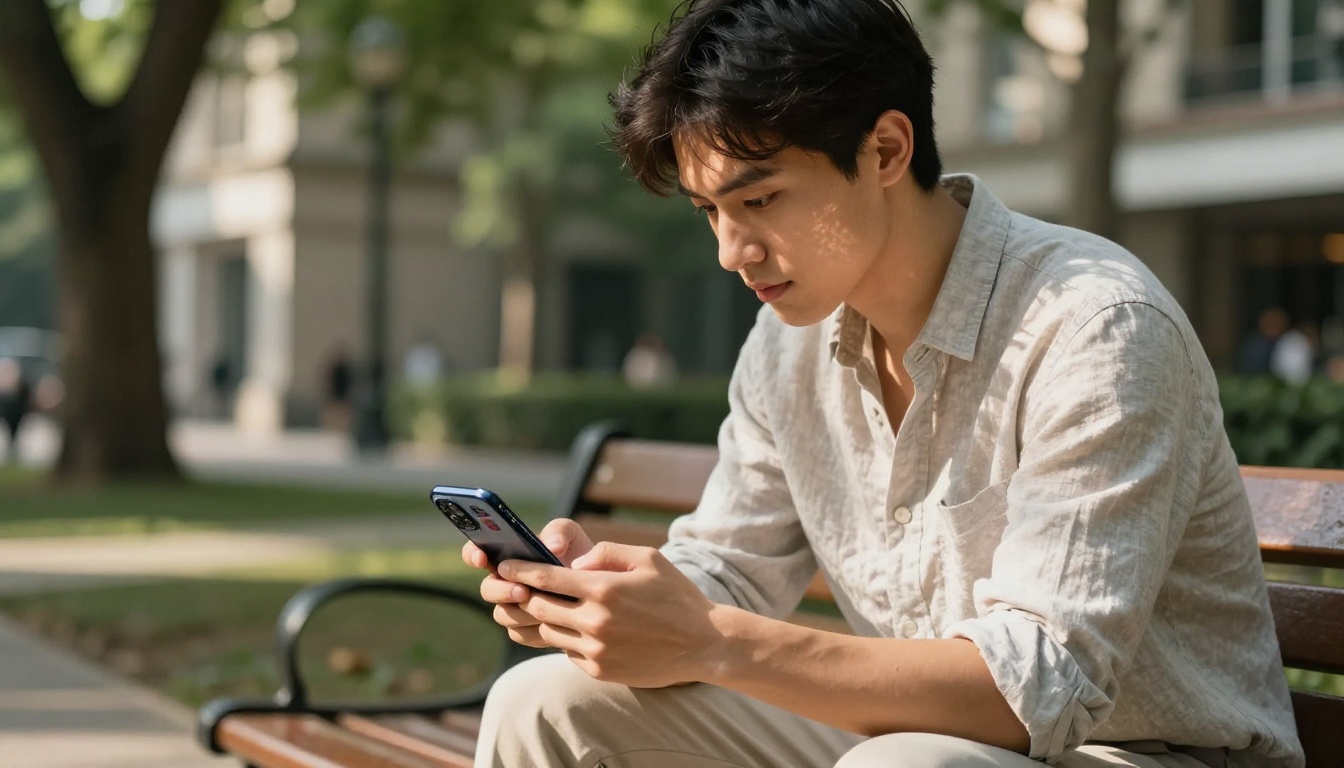 Young professional reading flipbook on smartphone in urban park