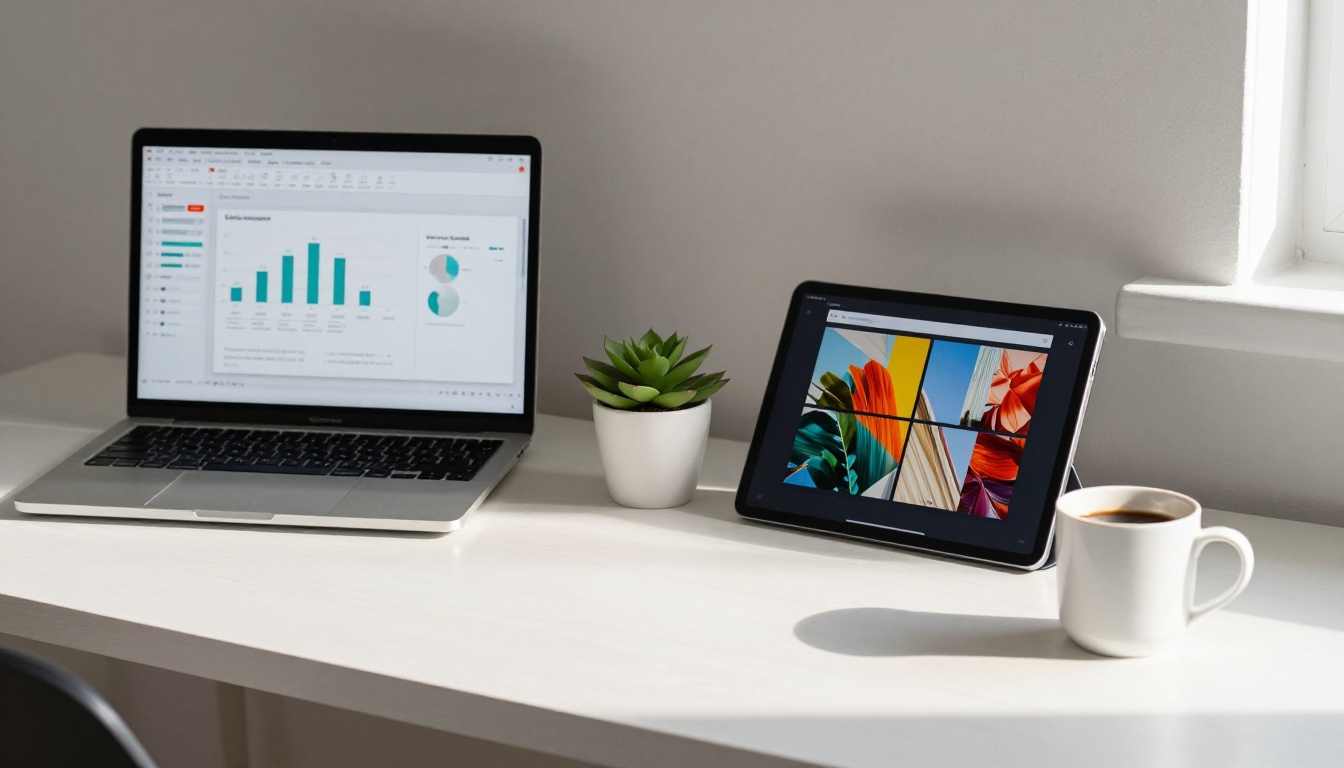 Side-by-side comparison of PowerPoint and flipbook on clean white desk