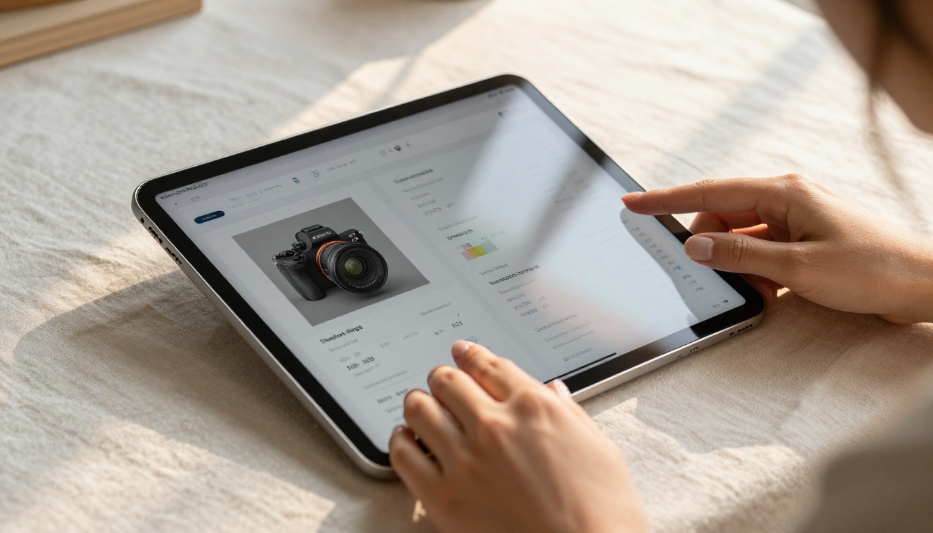 Close-up of hands holding tablet displaying a digital flipbook with analytics overlay on screen