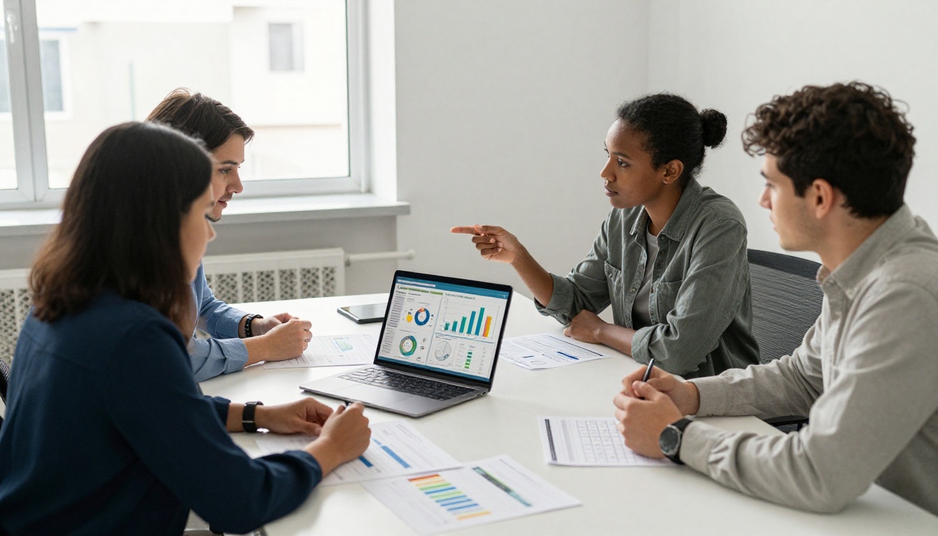 Marketing team gathered around a conference table reviewing flipbook analytics reports