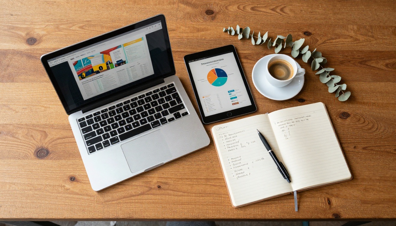 Aerial flat-lay view of cafe table with laptop, tablet, and notebook showing flipbook analytics data