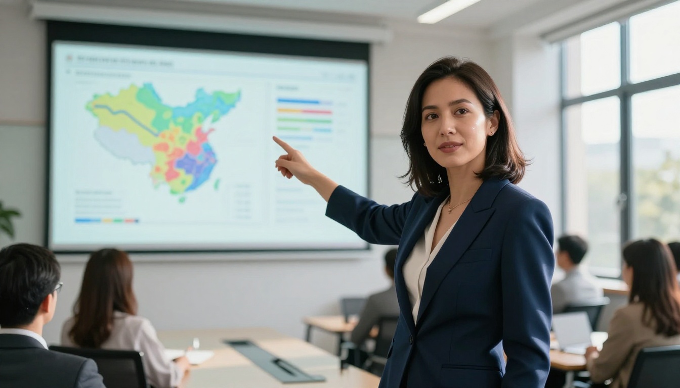 Woman presenter pointing at colorful analytics dashboard projected in conference room