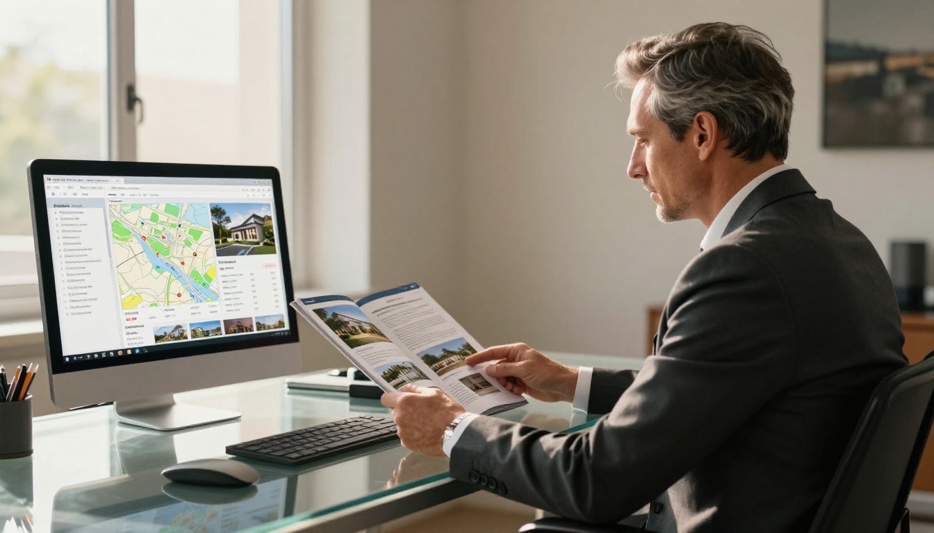 Real estate agent reviewing digital property brochure flipbook alongside analytics dashboard on laptop