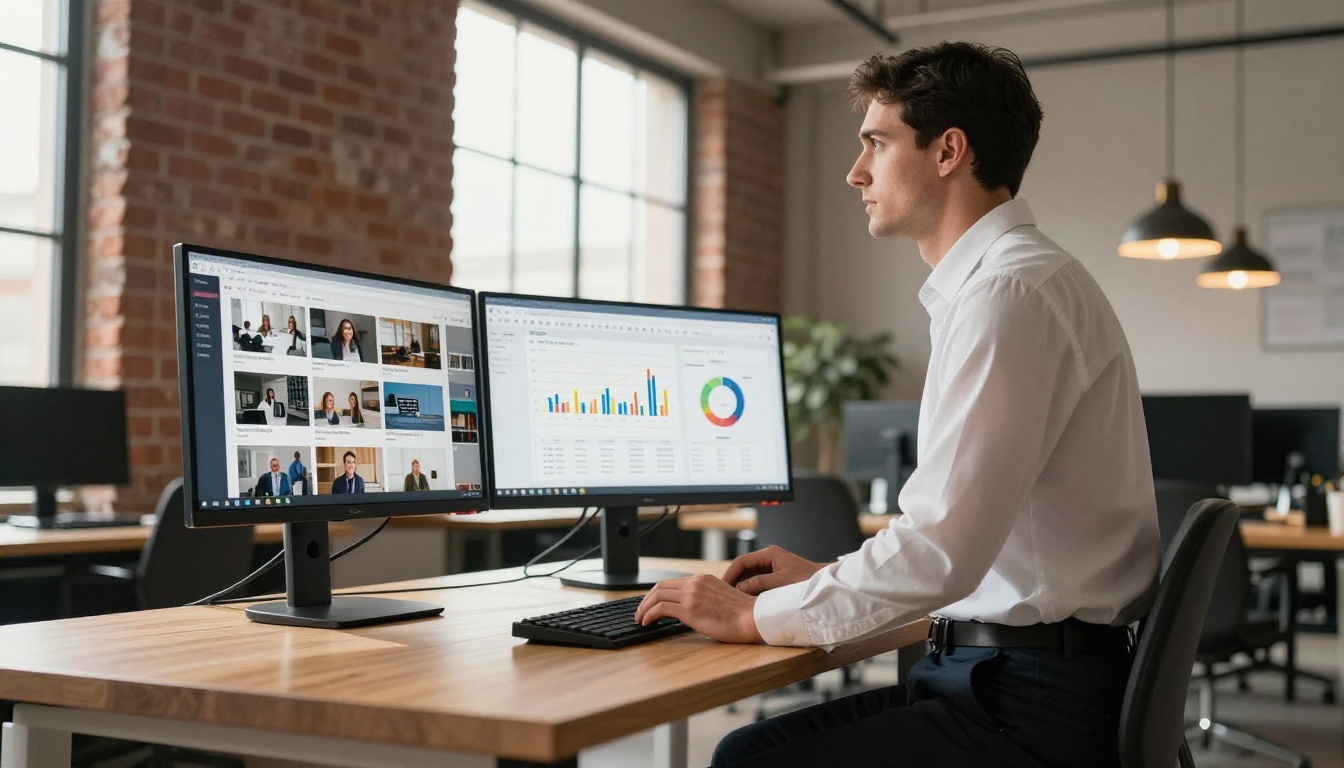 Business professional at standing desk with dual monitors showing flipbook analytics dashboard