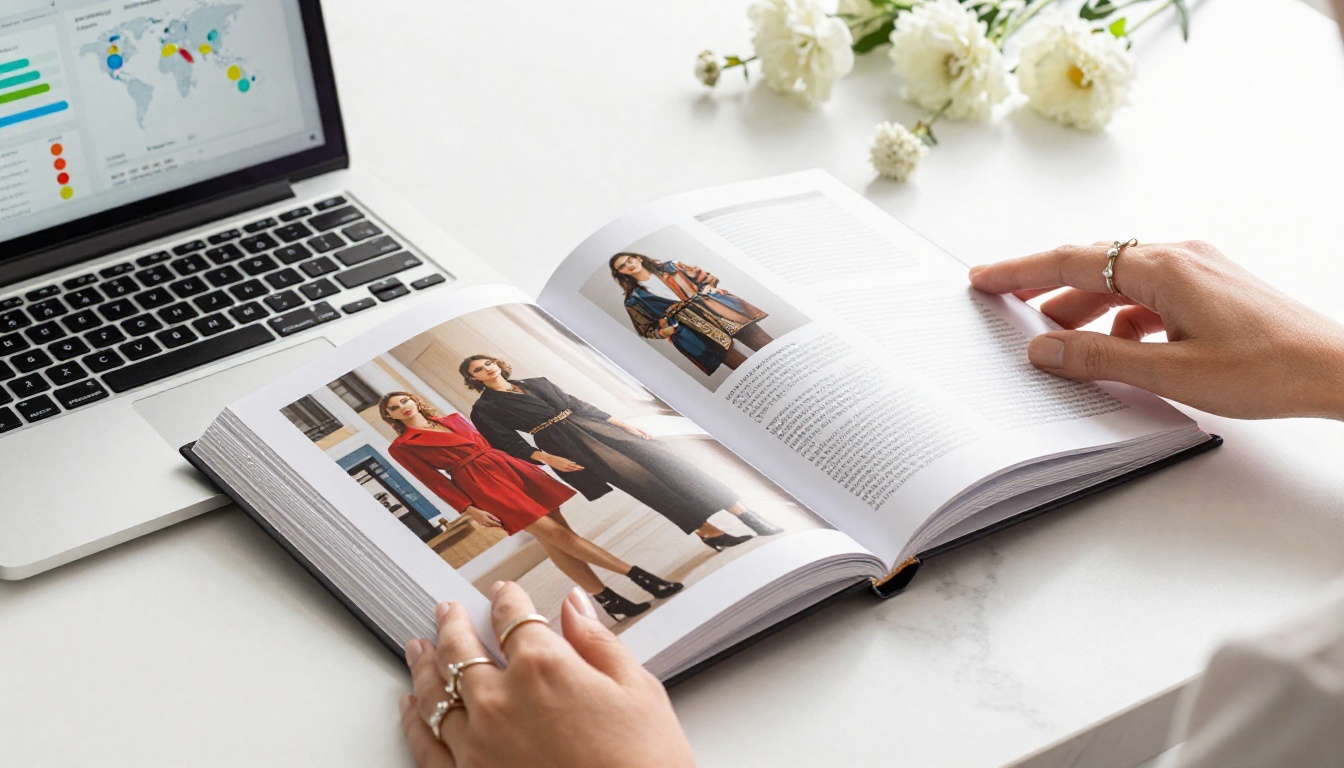 Fashion catalog flipbook open on marble desk beside laptop showing reader analytics world map