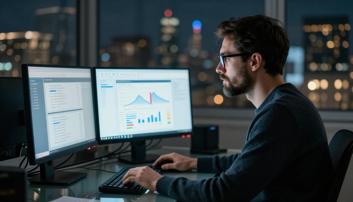 Man working late reviewing digital publication analytics reports on monitors in dim office