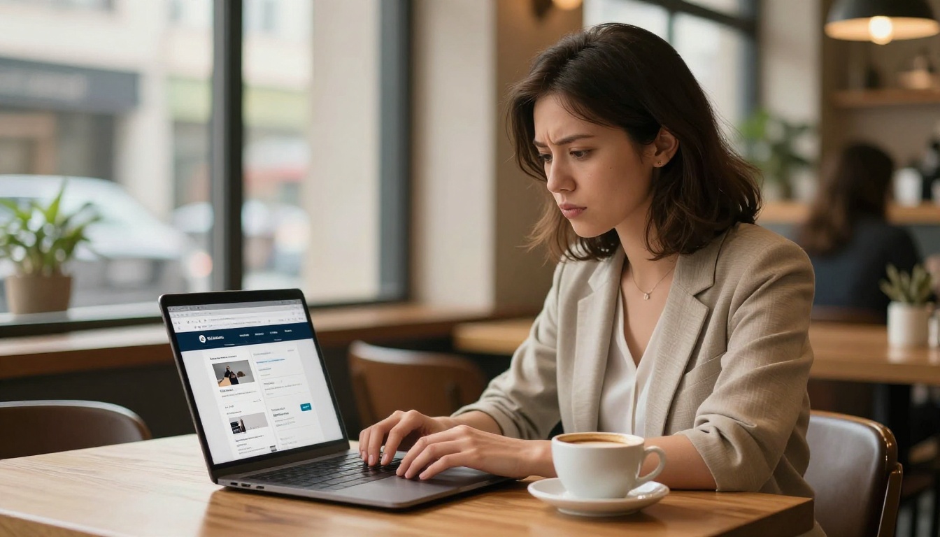 Professional woman comparing flipbook platforms on laptop in modern café