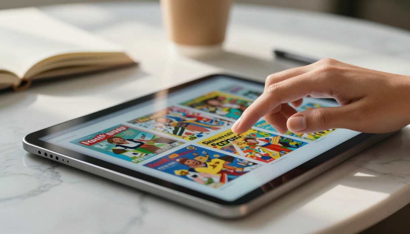 Close-up of hands scrolling through colorful digital flipbook on tablet