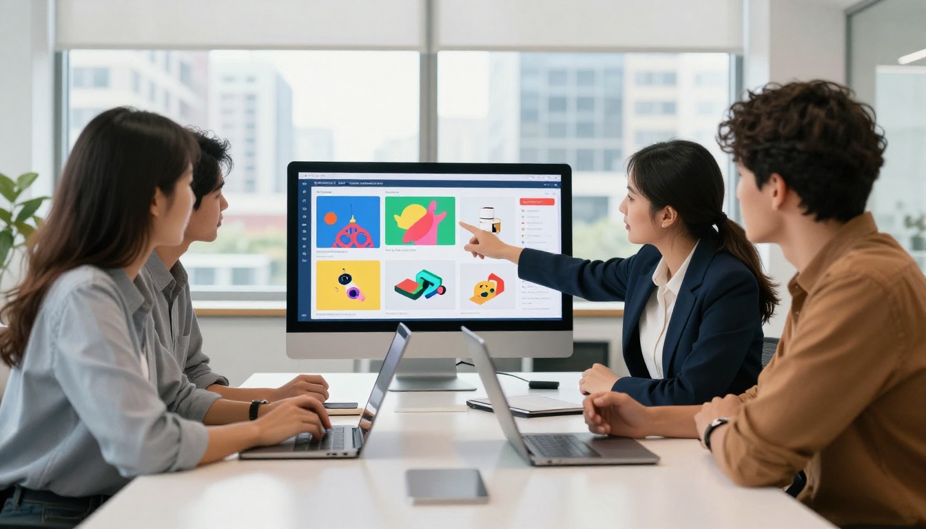 Business team reviewing digital catalog presentation on large office screen