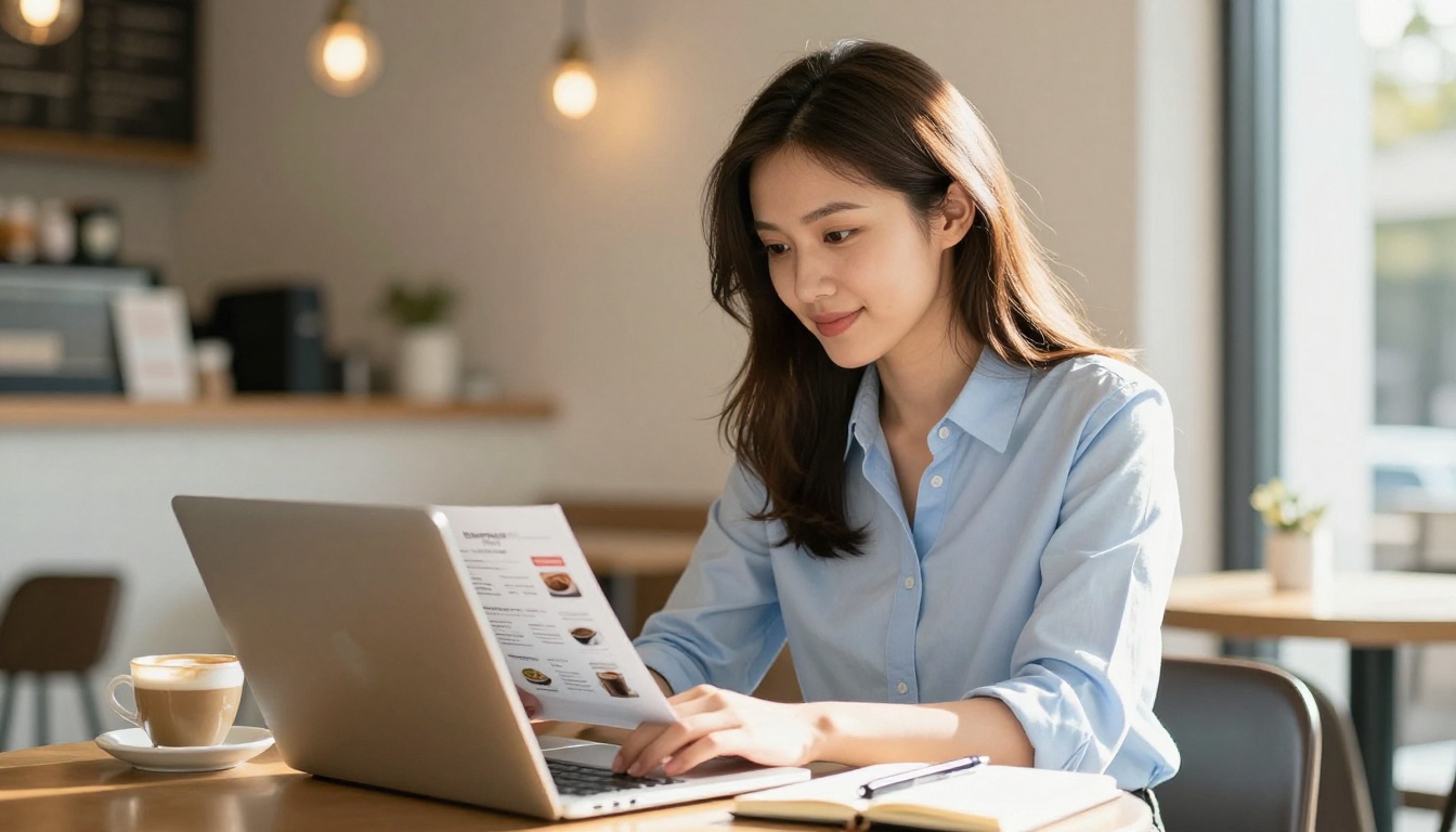 Young woman in casual business attire reviewing digital brochure on laptop in bright café