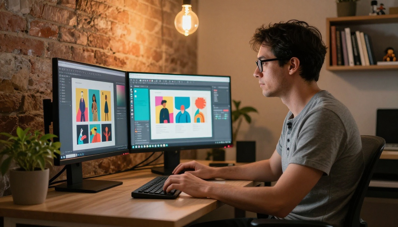 Creative professional reviewing design portfolio flipbook on dual monitors in studio