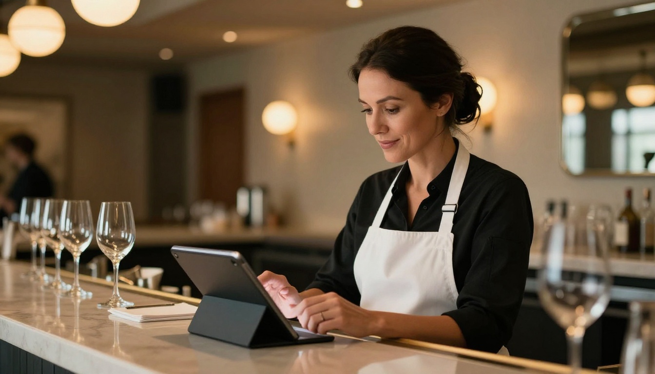Restaurant owner reviewing digital menu on tablet at bar counter