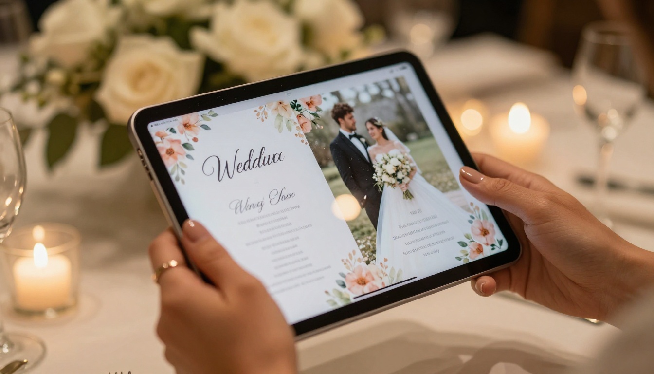 Elegant hands holding iPad displaying a wedding program flipbook with soft bokeh reception venue background