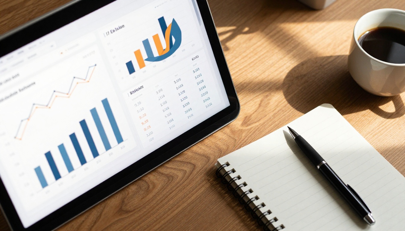 Overhead view of clean analytics dashboard on laptop with coffee and notepad