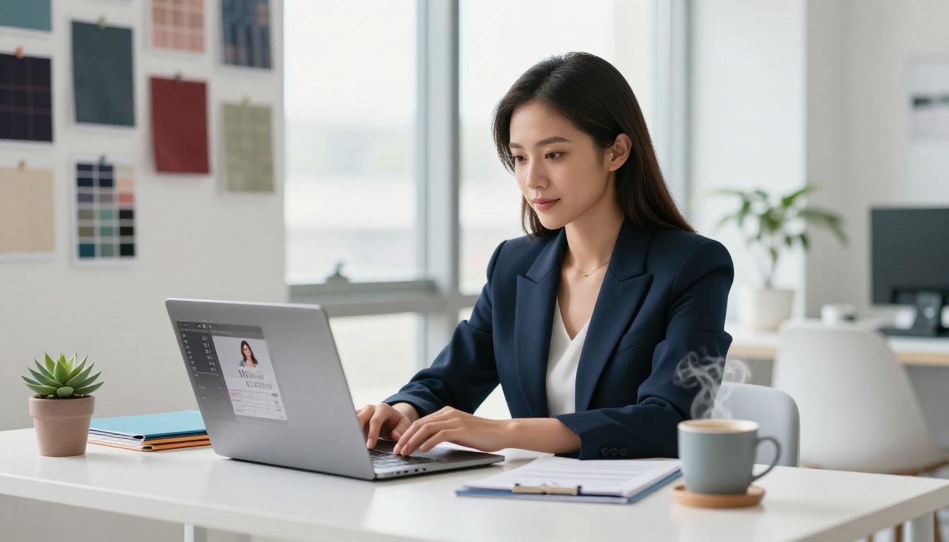 Professional female event planner working at a bright modern desk with MacBook showing flipbook software interface