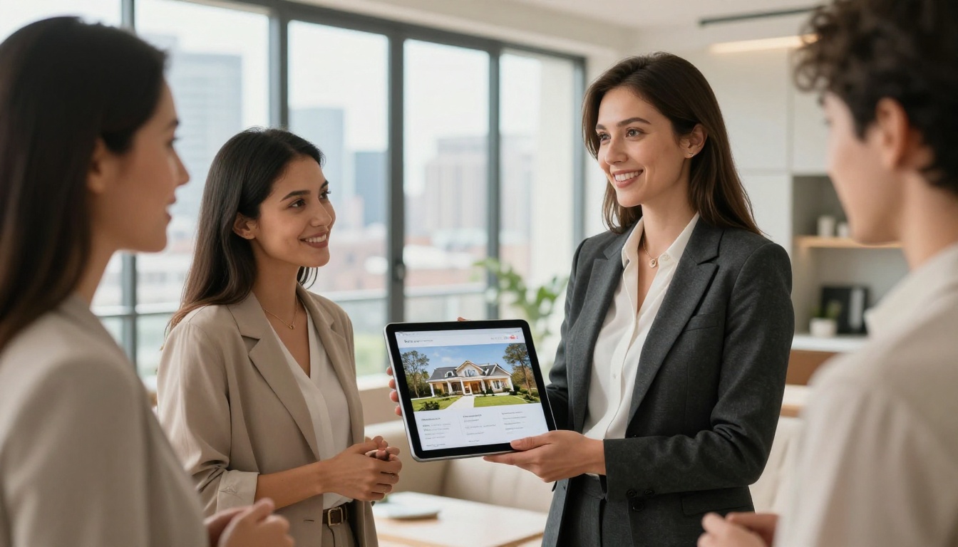 Real estate agent showing digital property brochure on iPad to couple