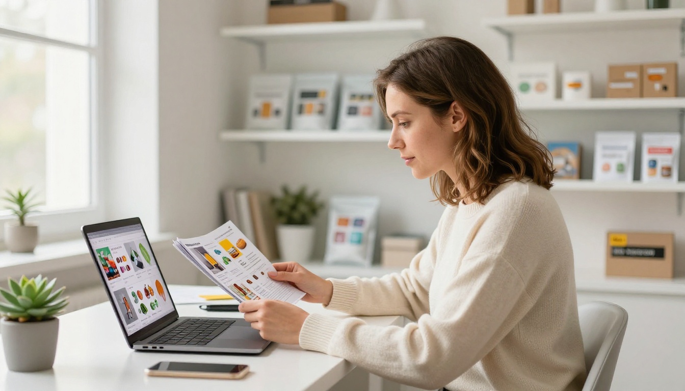 E-commerce entrepreneur reviewing product catalog flipbook on laptop in home office