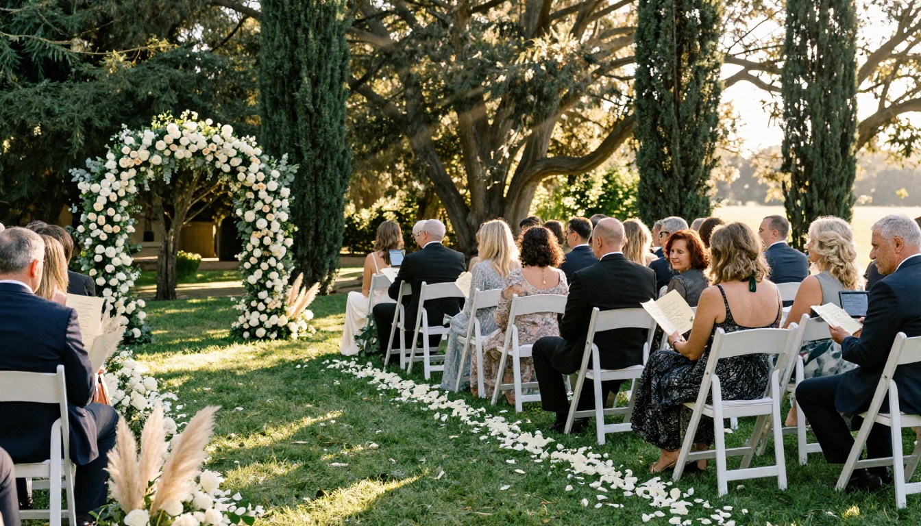 Wide shot of a stunning outdoor garden wedding ceremony with guests seated on white chairs along a rose petal aisle