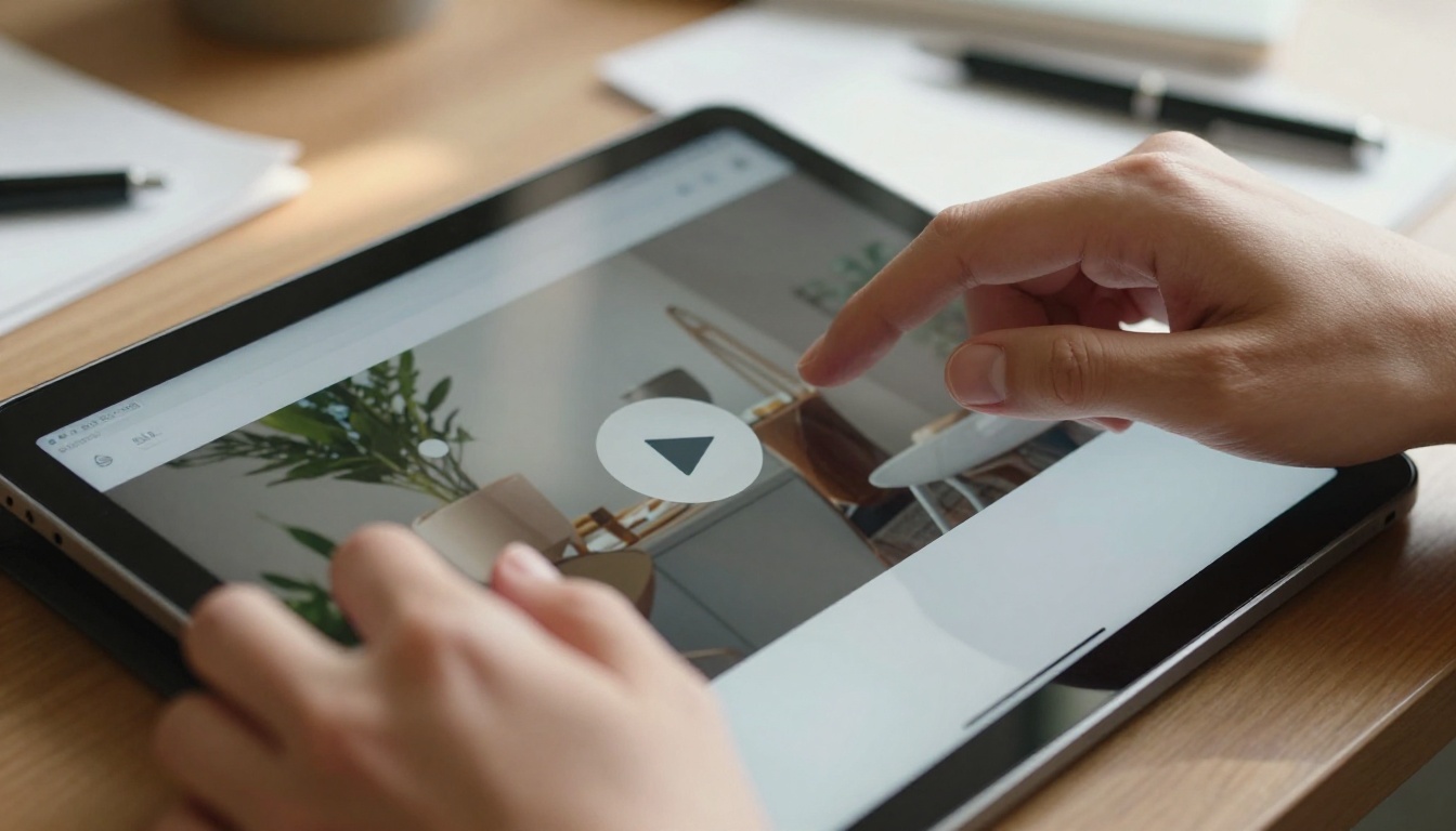 Interactive flipbook with embedded video on a tablet, hands visible scrolling through pages