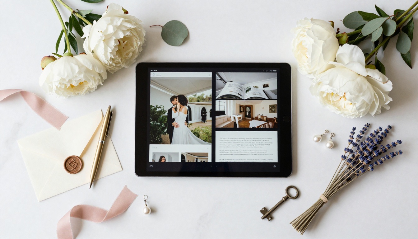Overhead aerial flat lay of wedding planning materials on white marble including iPad with flipbook, fresh peonies, gold pen, and wax-sealed envelope