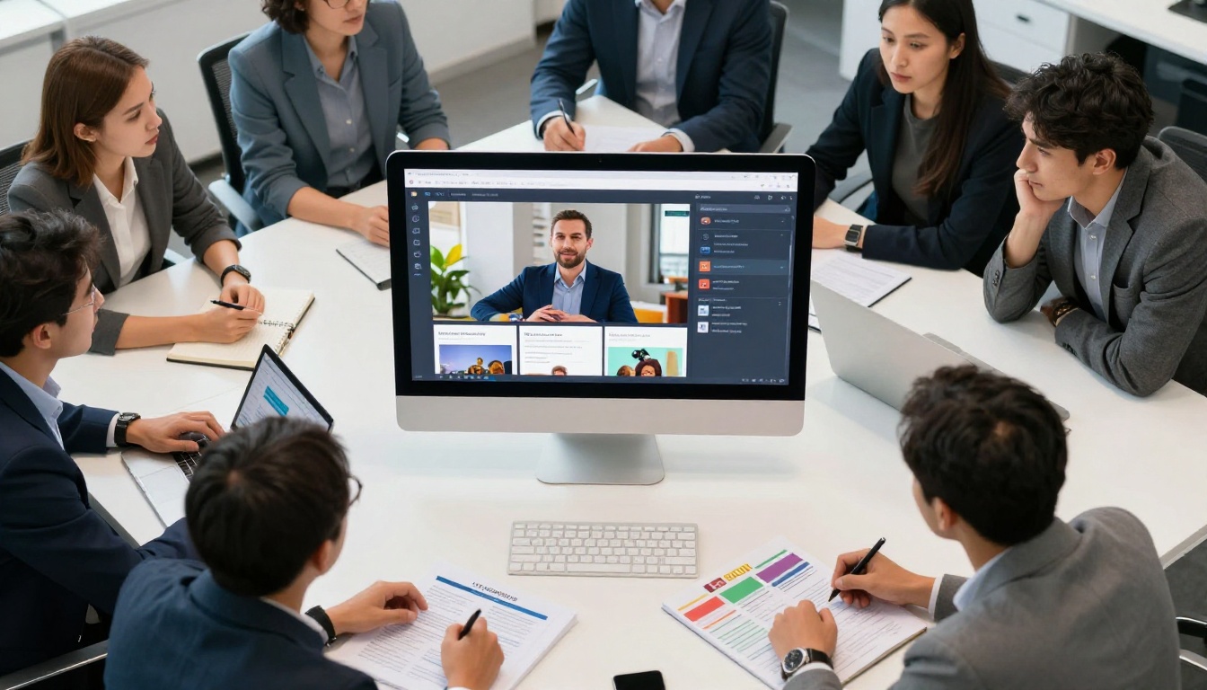 Aerial view of marketing team reviewing interactive digital catalog on a conference room monitor