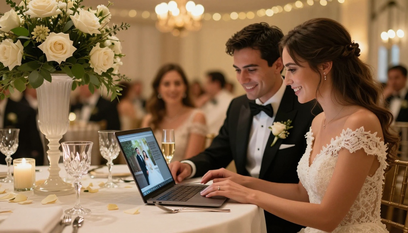 Bride in lace gown and groom in black tuxedo seated at a round reception table smiling at a laptop showing their digital wedding album
