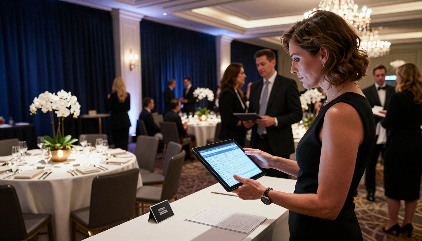 Elegantly dressed female event coordinator at an upscale corporate gala ballroom holding a tablet showing a digital event program