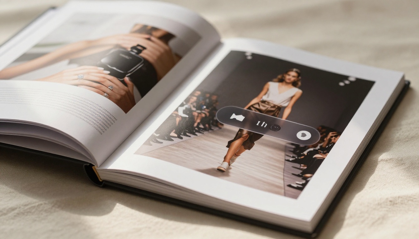 Luxury product catalog with embedded video player visible on a tablet resting on linen surface