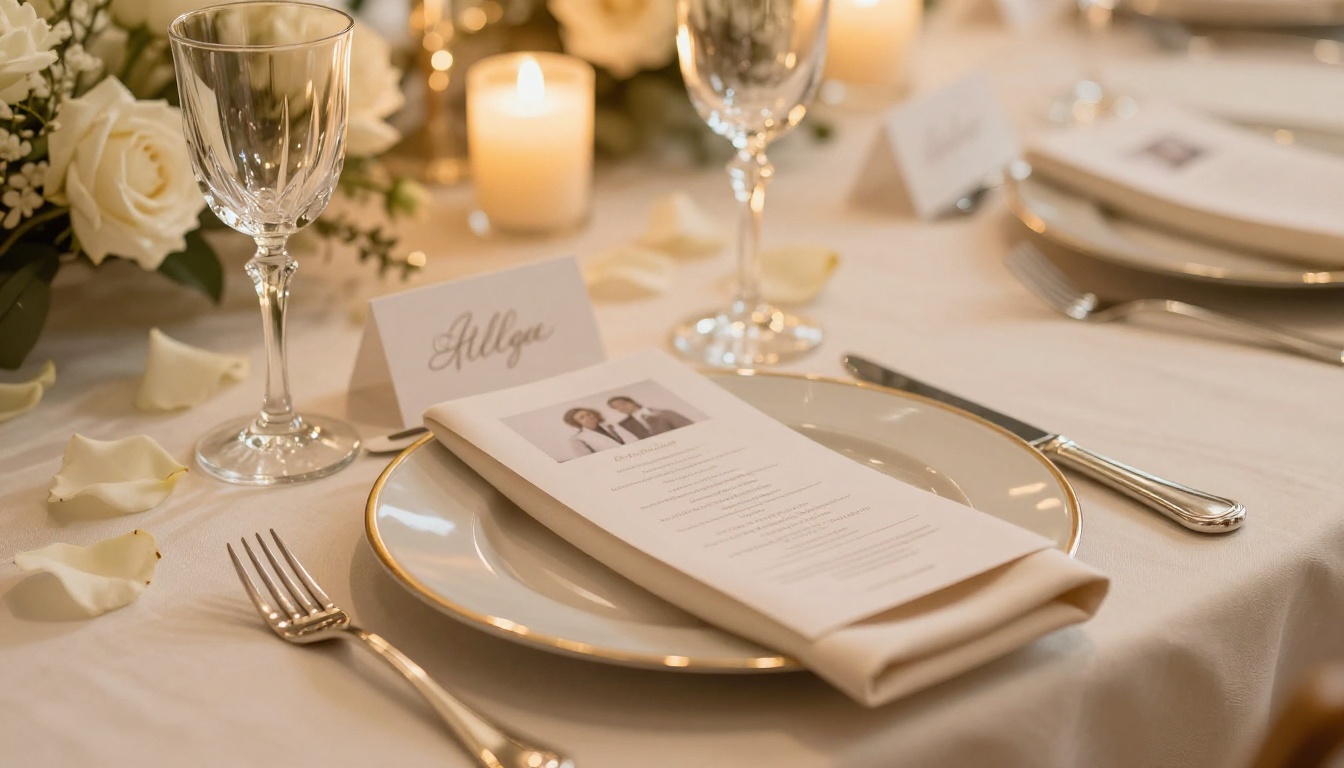 Close-up of an elegantly set wedding reception table with gold charger plate, crystal glasses, silver cutlery, and an open event program booklet with rose petals