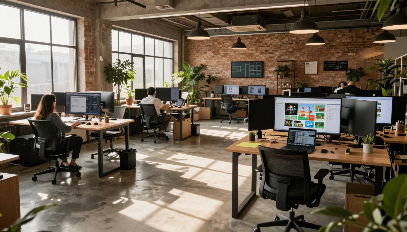 Wide environmental shot of a modern creative agency office with multiple monitors showing flipbook projects