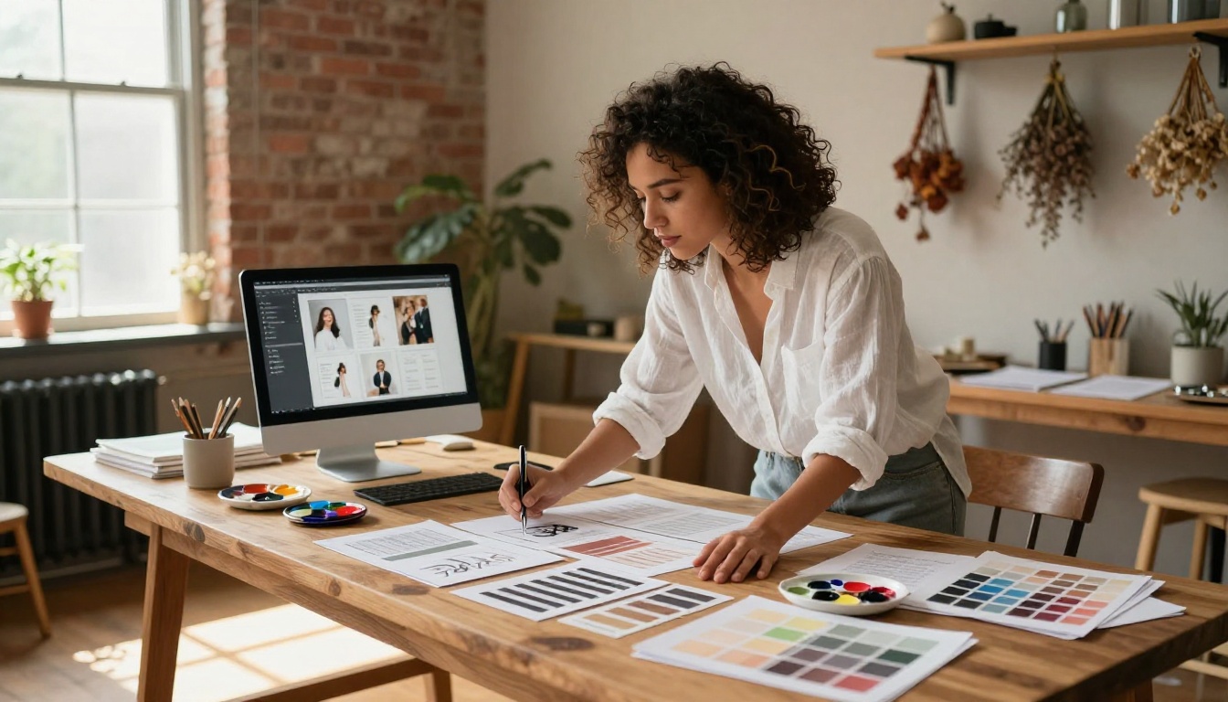 Young creative female wedding stationer leaning over a large wooden worktable in a warm studio workspace covered in design materials and a monitor showing flipbook software