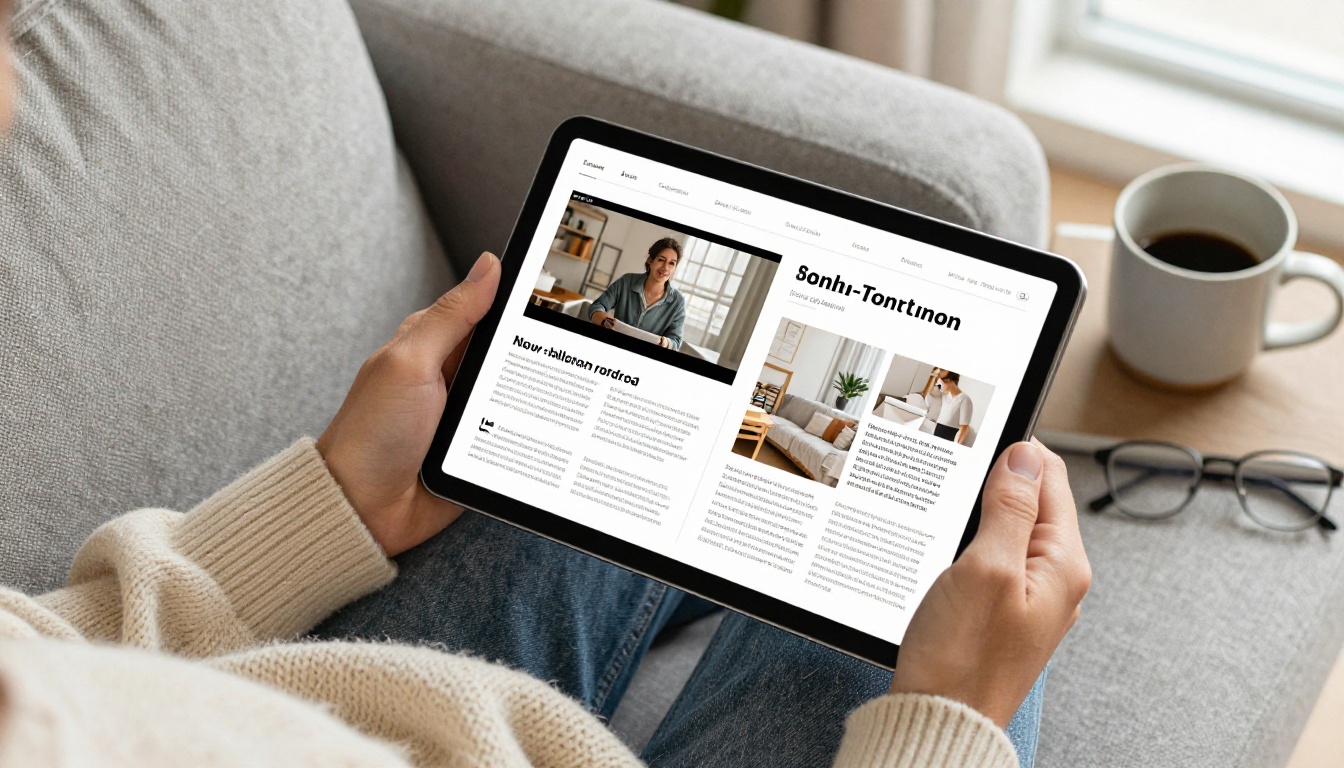 Overhead view of a person browsing an interactive flipbook on a tablet while seated on a cozy sofa