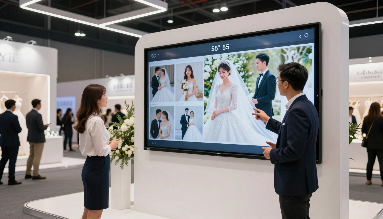 Professional wedding expo booth with a large screen showing a digital flipbook portfolio presentation, attended by two business professionals speaking with an interested bride