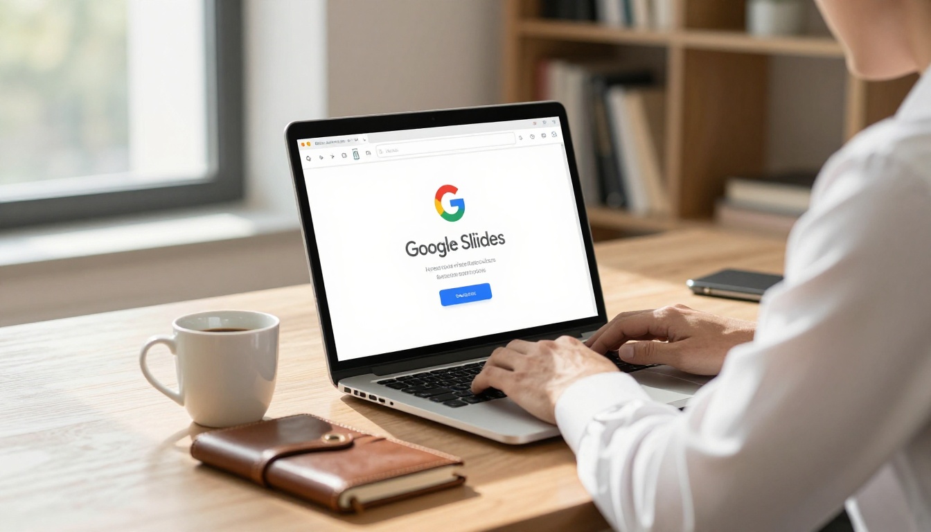 Google Slides open on a MacBook Pro in a bright corporate office