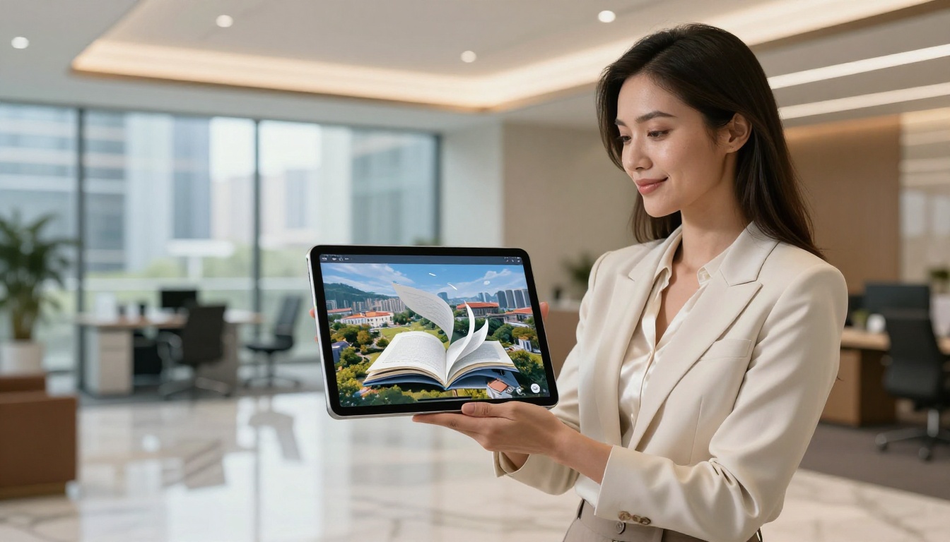 Professional woman holding iPad displaying a digital flipbook in a corporate lobby