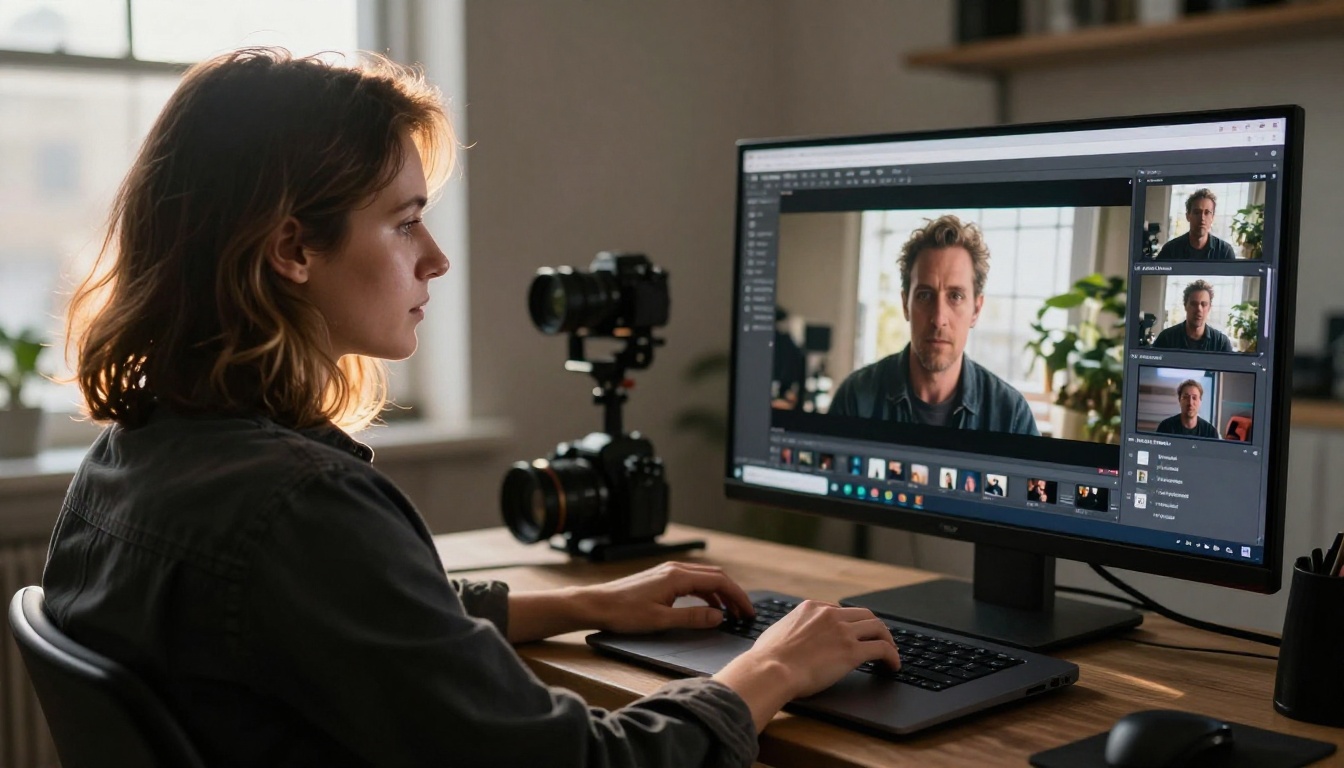 Professional photographer reviewing a digital portfolio flipbook on a laptop in a creative studio