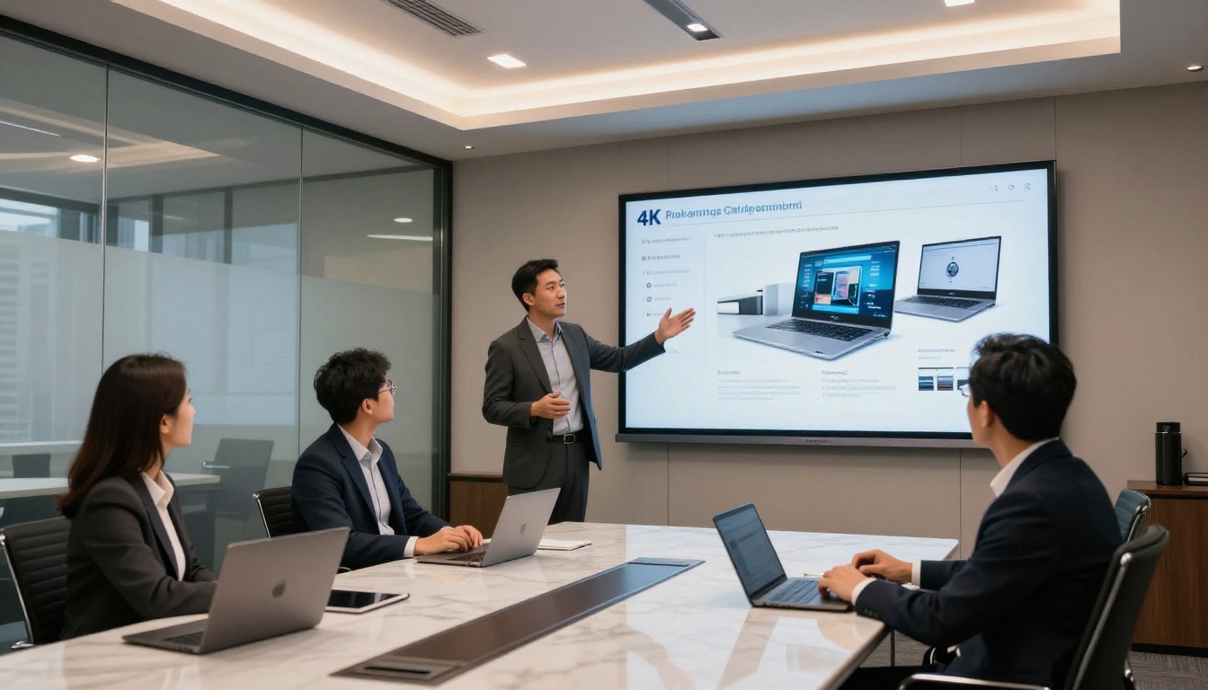 Business presentation with interactive flipbook and embedded video on a large conference room display