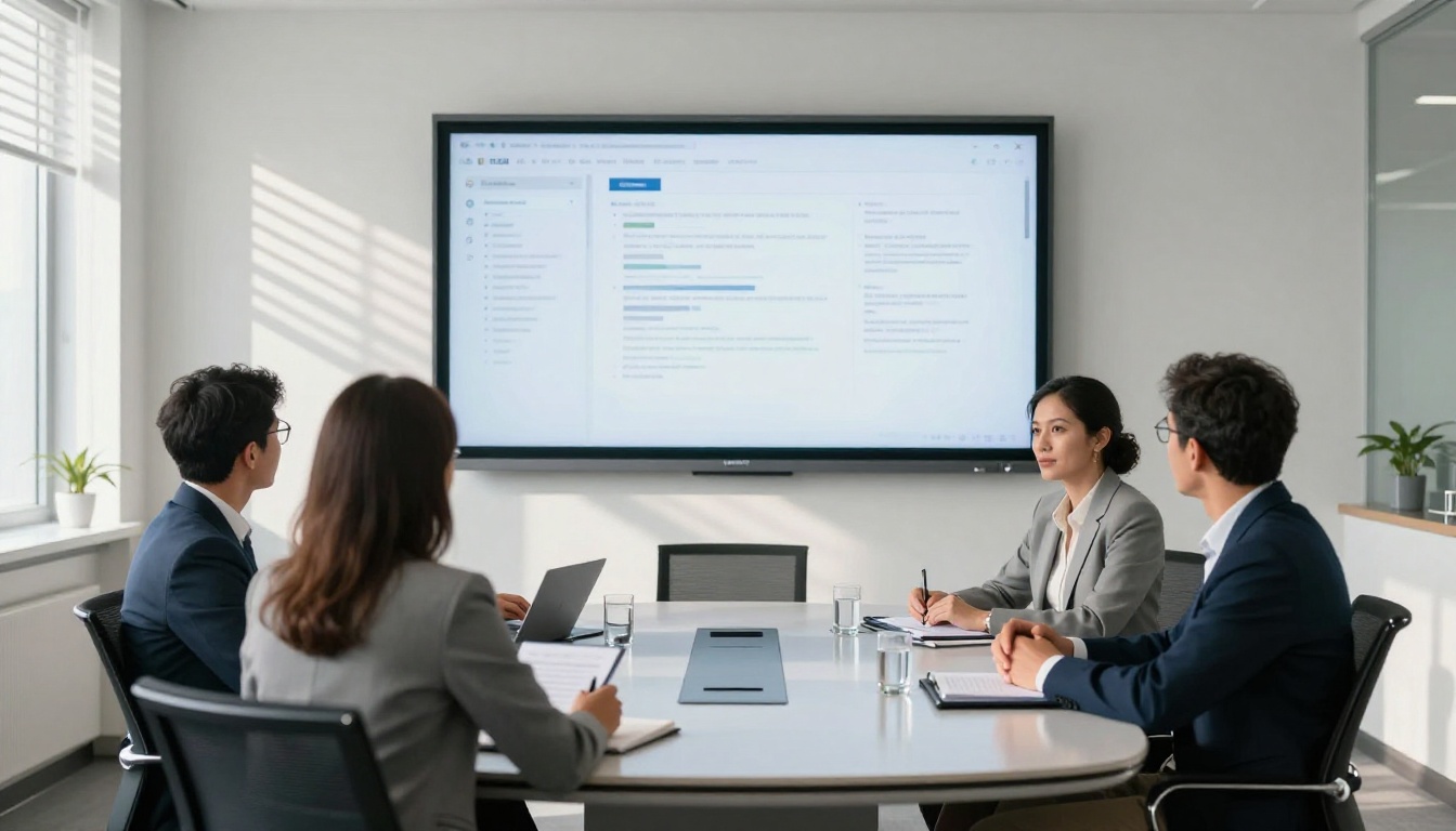 Diverse corporate business team reviewing a digital presentation in a conference room