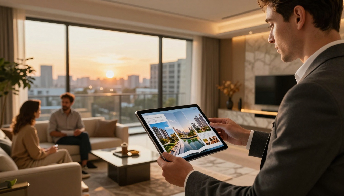 Real estate agent showing an interactive digital flipbook on tablet to clients in a luxury apartment showroom