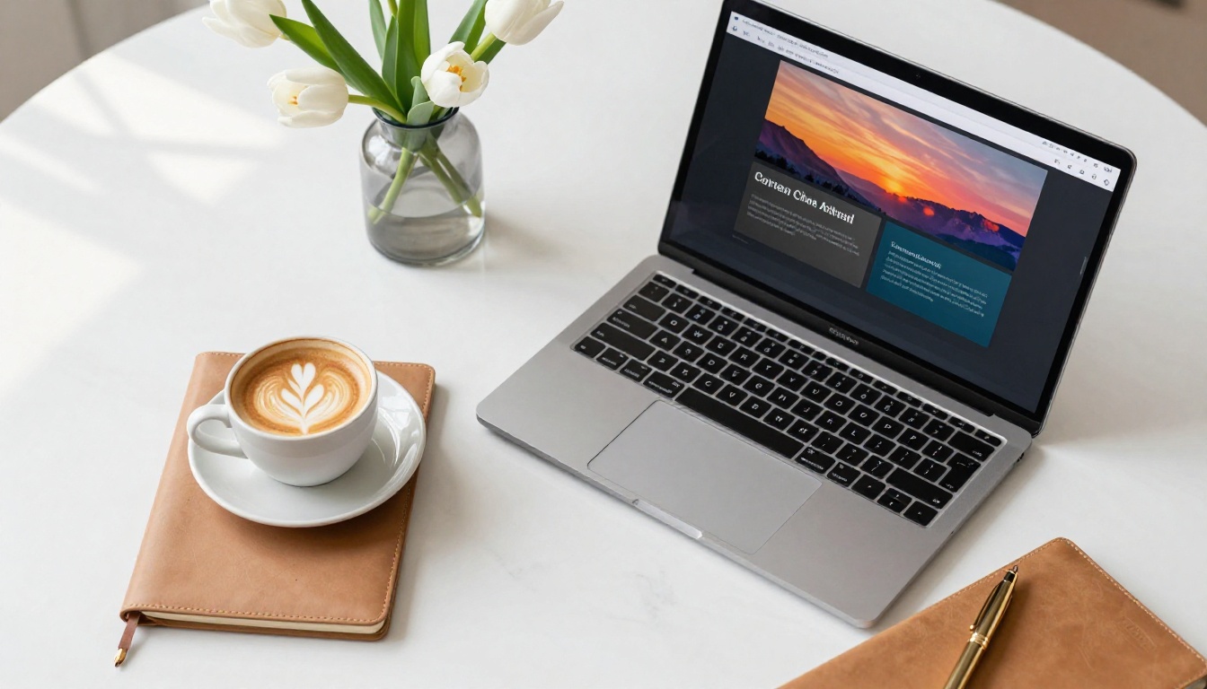 MacBook Pro with a slide presentation on a minimalist white marble desk, aerial flat lay