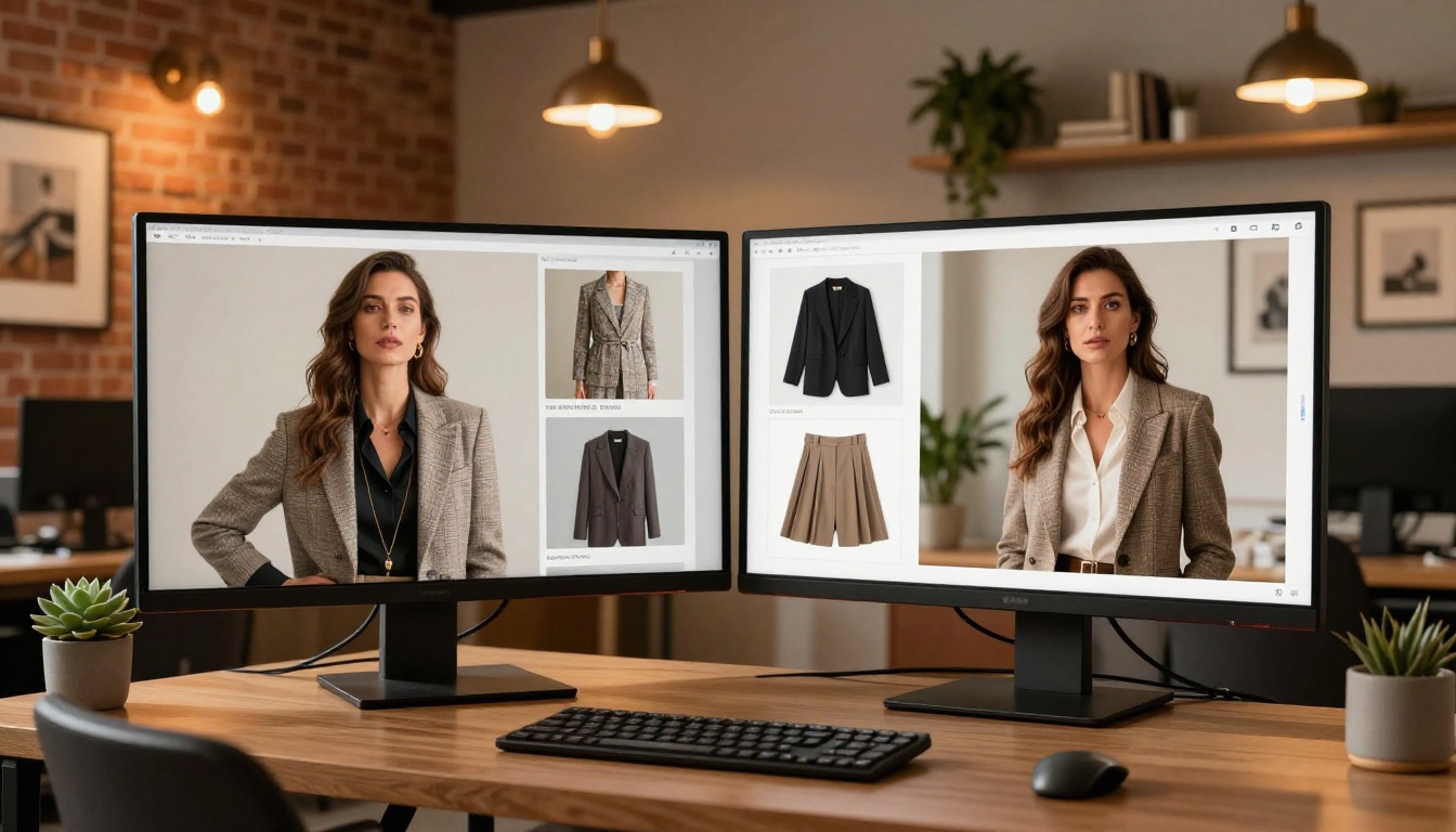 Fashion marketing professional reviewing a digital lookbook on dual monitors in a creative agency office