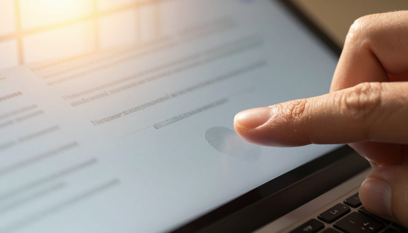 Extreme close-up of a finger swiping on a laptop trackpad with an interactive digital document visible on screen