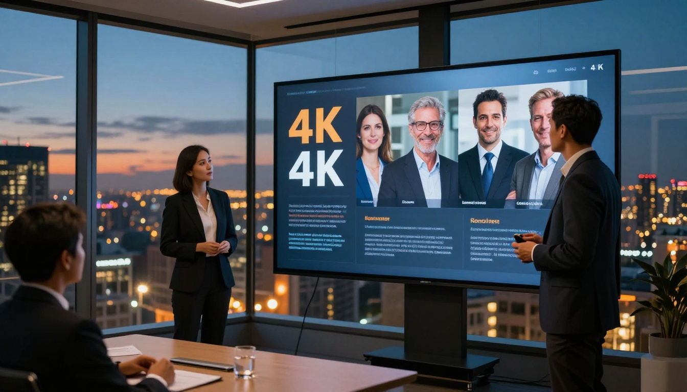 Confident business executive presenting to clients in a modern boardroom with a panoramic city view at night